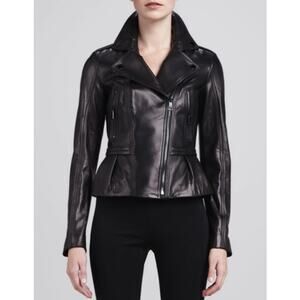 Burberry London Asymmetric Peplum Leather Jacket in Black